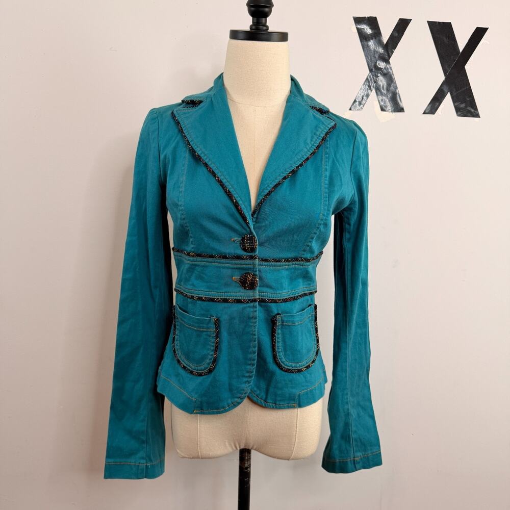 Vintage Y2K Aqua Turquoise Tweed Piping Cropped Yoked Fitted Blazer Jacket M